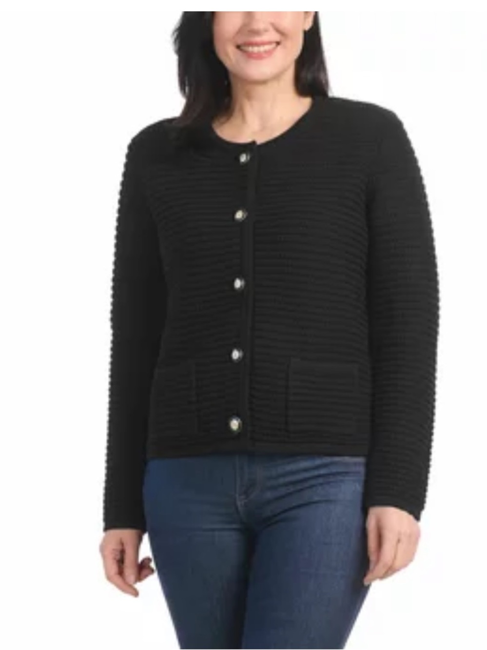 NEW Hilary Radley Black Button-Front Ribbed Knit Cardigan